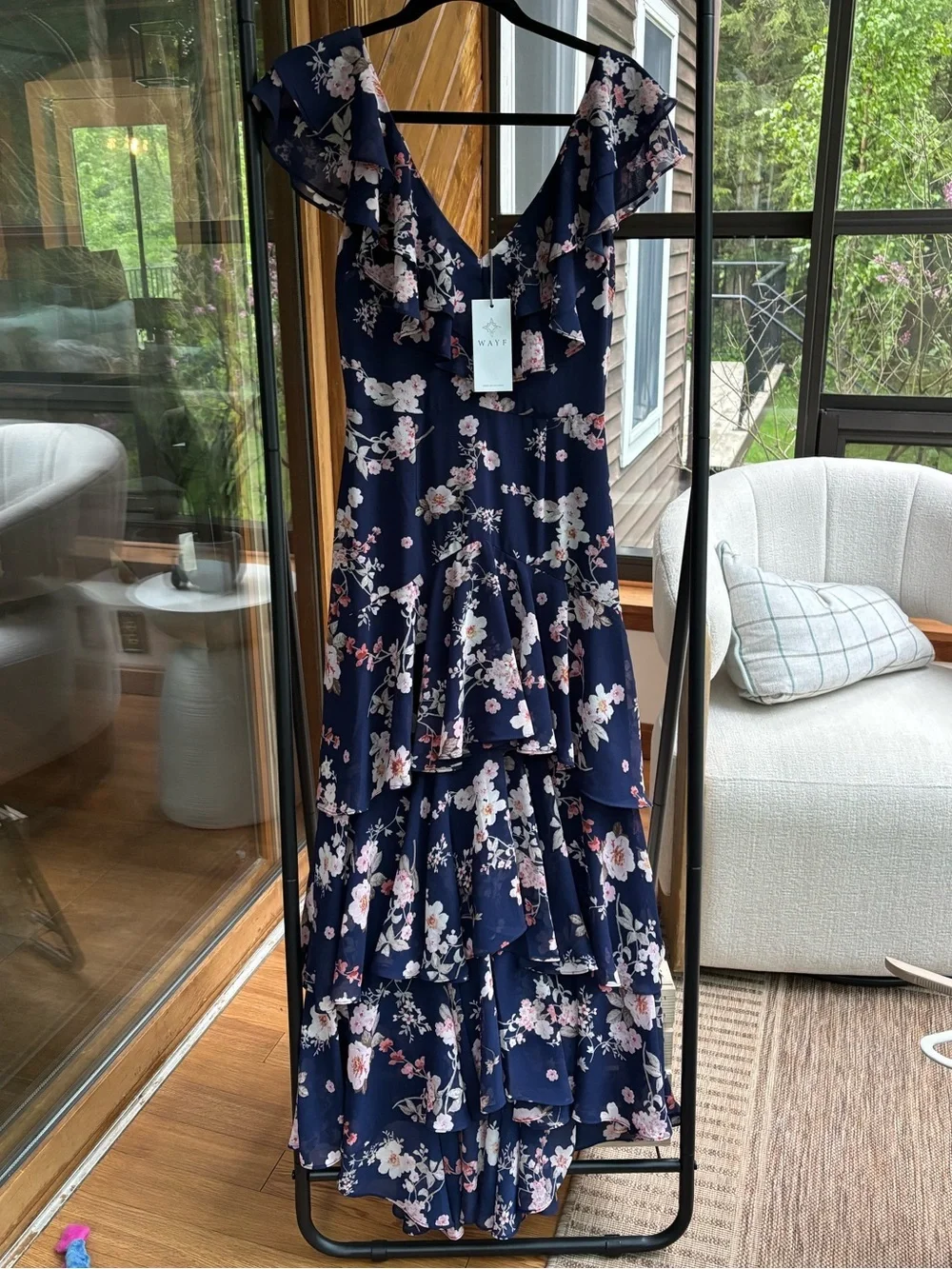 wayf floral maxi dress WAYF Maxi Dress Bohemian Peasant Floral Cottagecore Square Neck sz 2X Faux Silk